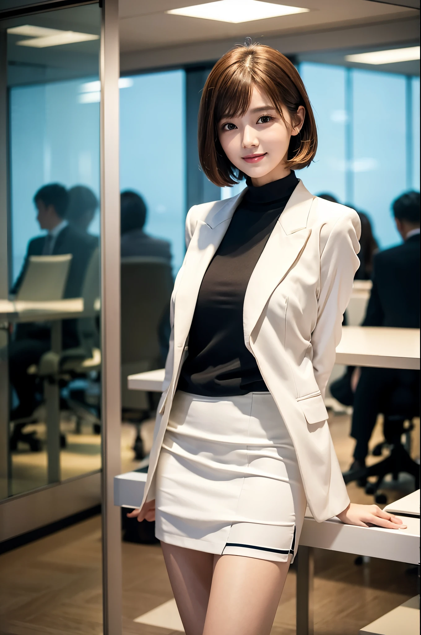 noon、mess、conference room、Change of clothes、Jacket、short hair、Light brown hair、Night view、White suit、Short skirt、beauty secretary、(Very large breasts、Very thin and long legs、Perfect figure、High heels、whole body、smile)、1 female、No makeup、23 years old、(masterpiece、8K,RAW Photos、High resolution:1.4)、The soft look enhances the calm expression of a woman.。