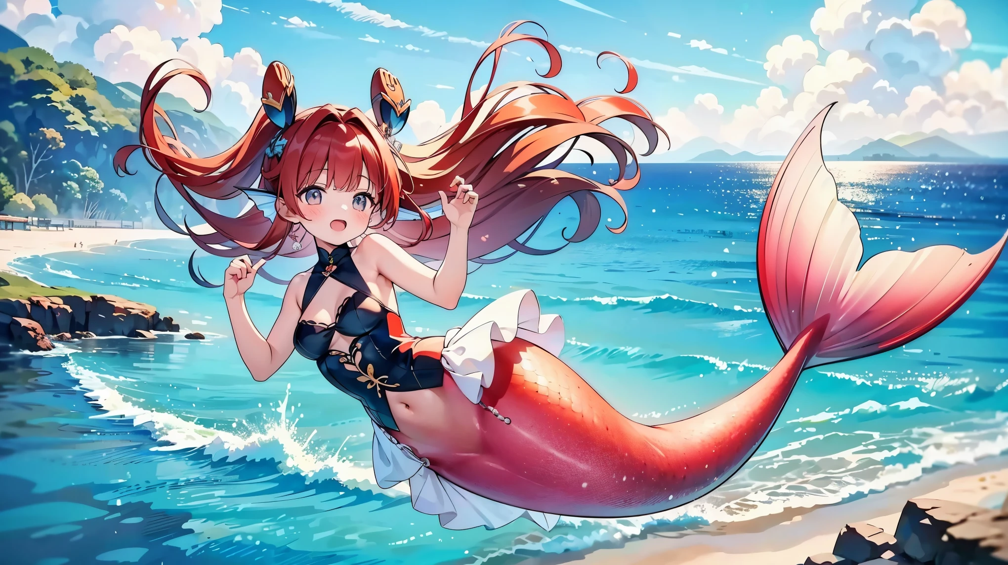 masterpiece, best quality,(Full fingers),A girl,swimsuit,Large Breasts,Mermaid,Red long hair,蓝色Mermaid尾巴,Head fin,Headdress,full-body shot,beach,Sea view,躺在beach上,Open your mouth and sing,charming脸(Kawaii, charming,Soft)