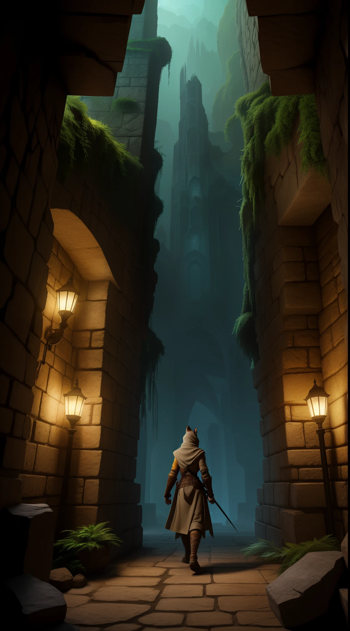 best quality,ultra-detailed,realistic,highres,masterpiece:1.2,tabaxi girl,furry:1.5,beautiful detailed eyes,beautiful detailed lips,extremely detailed face,fluffy body and ears,robe,detailed half mask,thief,Sneaking around,curious expression,dimly lit dungeon,treasure chests,sparkling gems,mysterious shadows,twisting passageways,dagger,climbing walls,clandestine mission,adventurer,stealthy movements,shadows and light,subtle lighting,colossal stone pillars,dense atmosphere,ancient ruins,ethereal glow,secretive ambiance,masterful brushstrokes,vivid colors,fantasy art,dungeon crawling game,dangerous quest,fantasy world, blue, green, lush