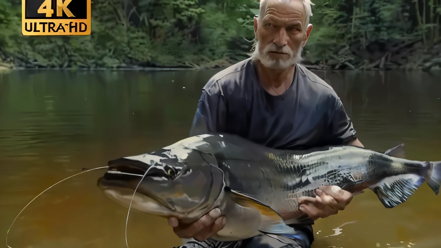 arafed man holding a fish in a river with a fishing rod, river god, huge creature, with a very large mouth, martin mottet, beautifully disturbing, terrifying but fascinating, amazonian, extreme drama, very very very epic, unbelievably beautiful, extreme lifelike, extremely realistic, national geographic footage, discovery channel, dangerous & powerful creature, diego koi