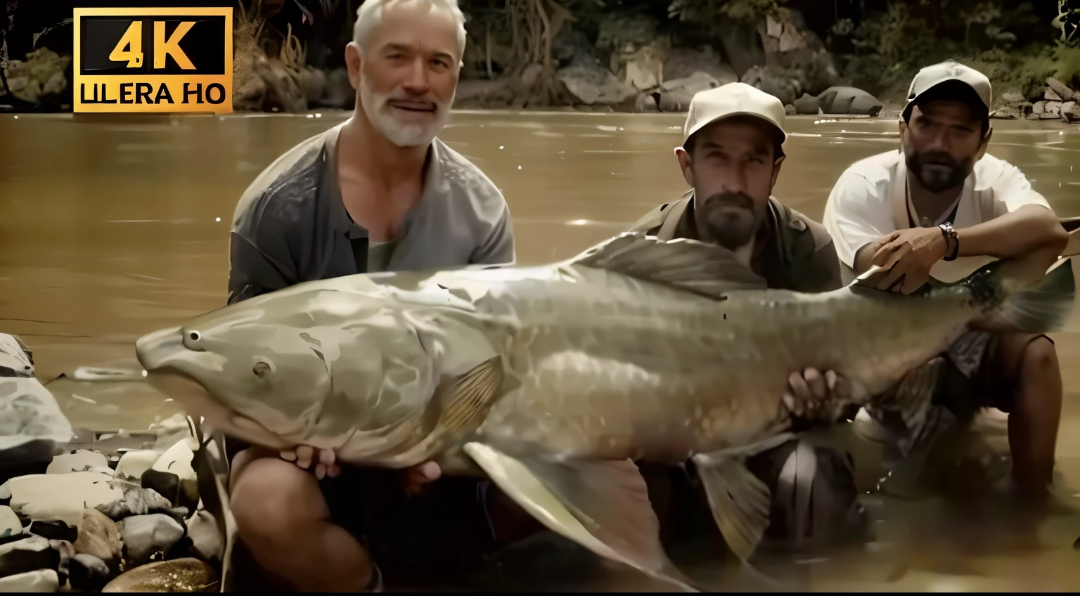 there are three men holding a large fish in the water, huge creature, discovery channel, shot from danis villeneuve movie, gigantic creature, ocean giant creature bloop, very sharp!!!, national geographic footage, very pretty, river god, with a very large mouth, by Juan Carlos Stekelman, very realistic, huge, national geographic channel, very known photo