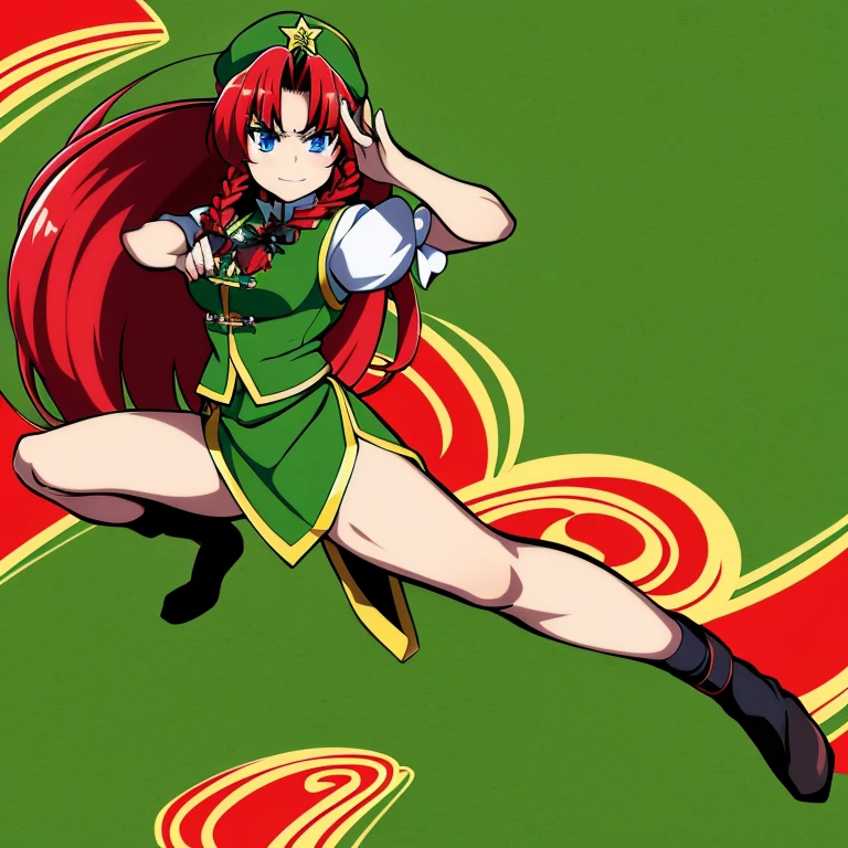 Solo, one girl, Hong Meiling, touhou, masterpeice, red hair, long hair, side braids, green eyes, fighting gloves, green chinese dress, bike shorts, fighting pose, smirk, full body