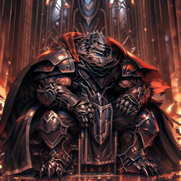 (masterpiece, best quality, detailed:1.2) detailed full body, a knight's mechanical armor, glowing wide and heavy armor, wears full body armor. massive muscles, huge pecs, chiseled abs, huge pectorals, exaggeratedly huge muscles. wearing a cloak. unusually developed muscular body big muscle, pecs, triceps, traps, waist narrow, unusually developed muscular body, Dark knight, BlackKnight_fe, The claws are sharp, Sharp teeth, castle,
sitting on the throne,