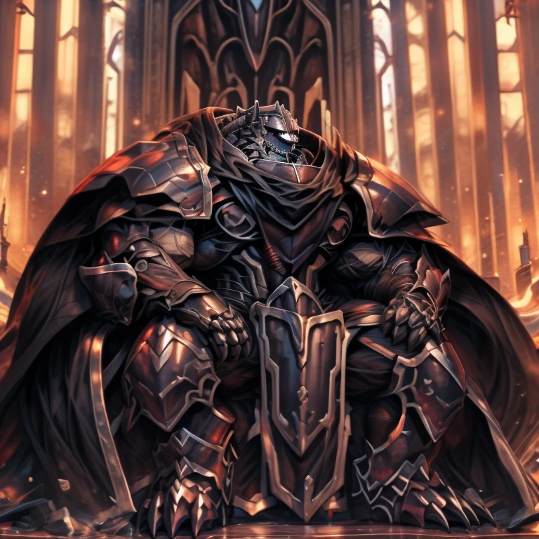 (masterpiece, best quality, detailed:1.2) detailed full body, a knight's mechanical armor, glowing wide and heavy armor, wears full body armor. massive muscles, huge pecs, chiseled abs, huge pectorals, exaggeratedly huge muscles. wearing a cloak. unusually developed muscular body big muscle, pecs, triceps, traps, waist narrow, unusually developed muscular body, Dark knight, BlackKnight_fe, The claws are sharp, Sharp teeth, castle,
sitting on the throne,
