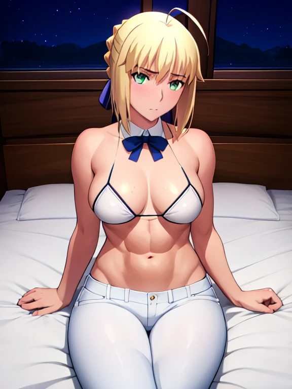 Best_quality, masterpiece, highres, detailed, detailed_background, ray_tracing_graphic, solo, adult_female, {saber_fatestaynightufotable:1.15}, blonde_hair, French_bread, little_ahoge, detailed_green_eyes, blue_ribbon, 1girl, anime_coloring, detailed_face, kuudere_face, five_fingers, blush, large_breasts, white_bikini, blue_straps, pants, from_the_top, lying, bed, dark_room, night_time, looking_at_viewer, oily_skin, sixpack_abs, detailed_skin, detailed_texture