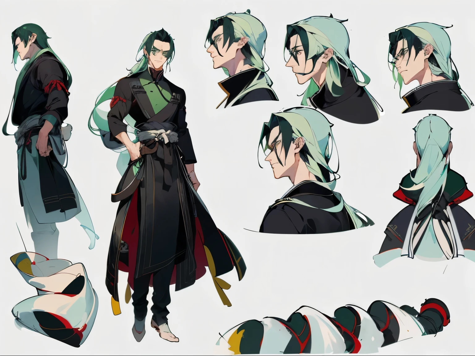 ((Character Design Sheet,Same role,front,side,Withdrawal))(best quality, masterpiece), 1 boy, (Simple white background: 1.2), black and green hair, Chinese handsome guy, Upper Body, ID photo, close up, Long hair,