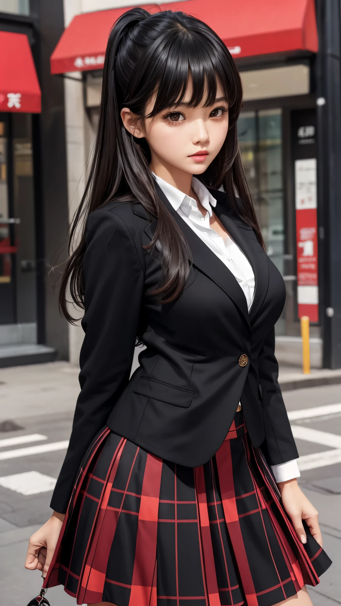 Detailed face、highlight、girl、thigh、breast enhancement、black髪、Heavy bangs、(blazer、red、black、)(Checked skirt、)