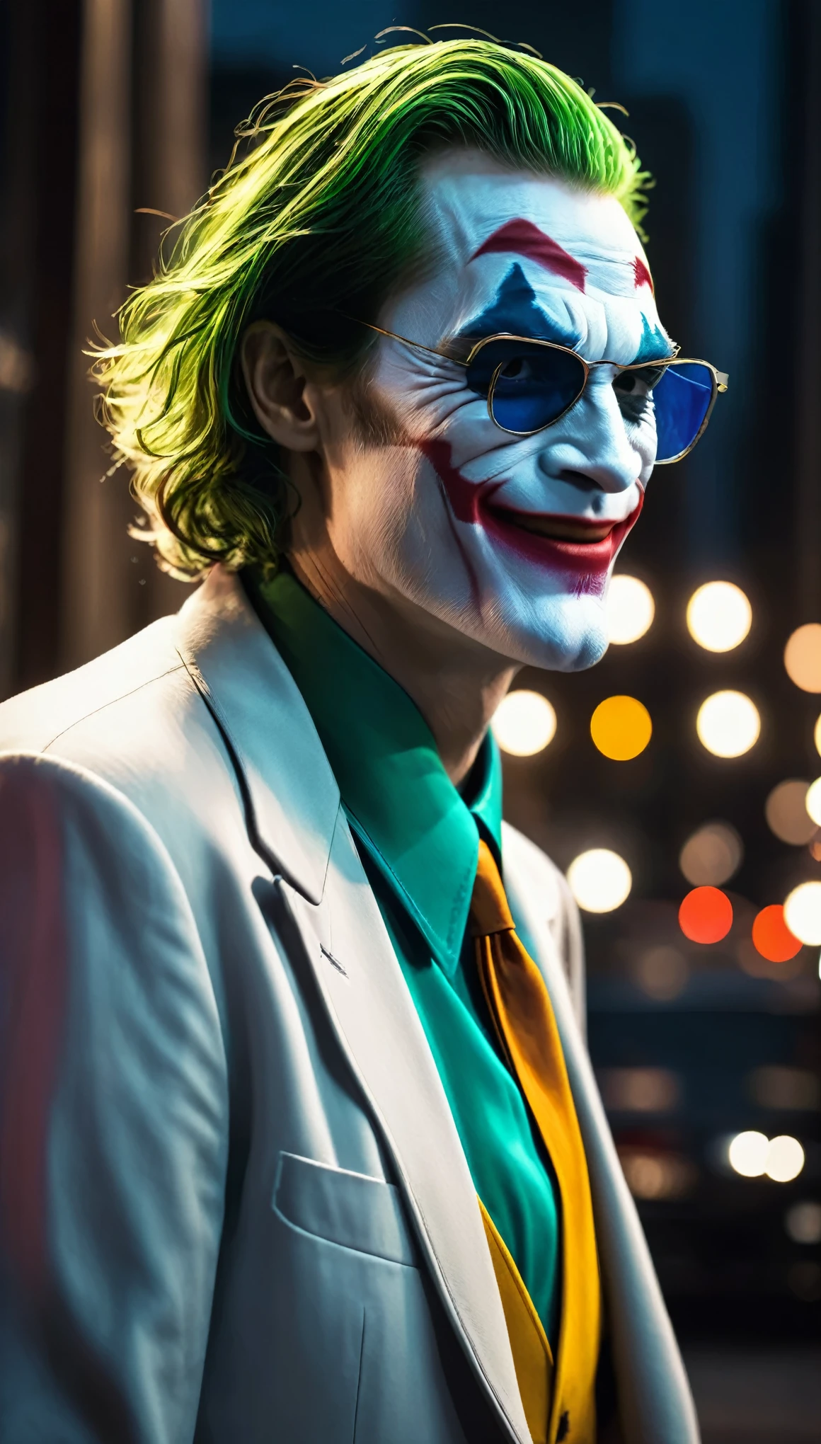 With high-definition images、The Joker emerges in a stunningly painted ombre style as a masterpiece。His image is、Boasting exceptional levels of quality and 8K resolution、Ultra-realistic down to the last detail。With a big smile、He was wearing clear sunglasses.、It contrasts with the cool, soft lighting of a Chicago night.。The wind blows gently、It lends a mystical feel to the illustrations, reminiscent of Greg Rutkowski&#39;s distinctive artistic style.。Vibrant colors and cinematic overlays、The intricate details of his clothing and facial features are further accentuated.、This leads to some very complex and visually fascinating images.