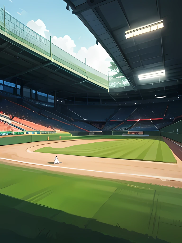 a view of a dark green and light green themed baseball field in a baseball stadium , Anime art style, ultra detailed, aesthetic, cool lightings