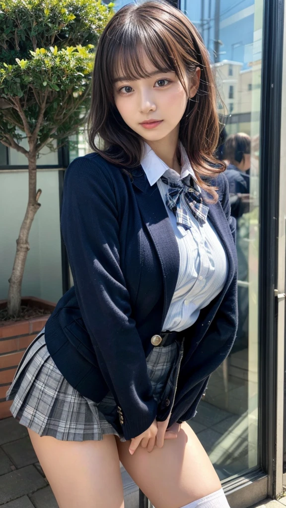 muste piece, best quality, illustration, Super detailed, fine details, High resolution, 8K,wall paper, perfect dynamic composition,(Details High quality, realistic depiction of eyes:1.3), from side, High School Classroom、High school girl uniform、blazer 、Super Short Check Uniform Skirt、Navy blue high socks、garterbelts、Colossal tits、Disturbed uniform, short hair, (wavy hair:1.2), black hair color, large breasts, Big Natural Color Lip, bold sexy pose, (perfect body shape), crying a little、cold gaze, Harajuku style、20 year old girl、cute type, beautiful legs, hposing Gravure Idol, Voluptuous thighs