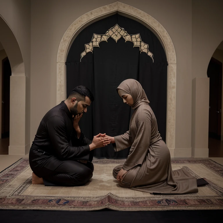 A picture of a Muslim man praying in a black caftan, and next to him is a Muslim wife praying in a beige robe