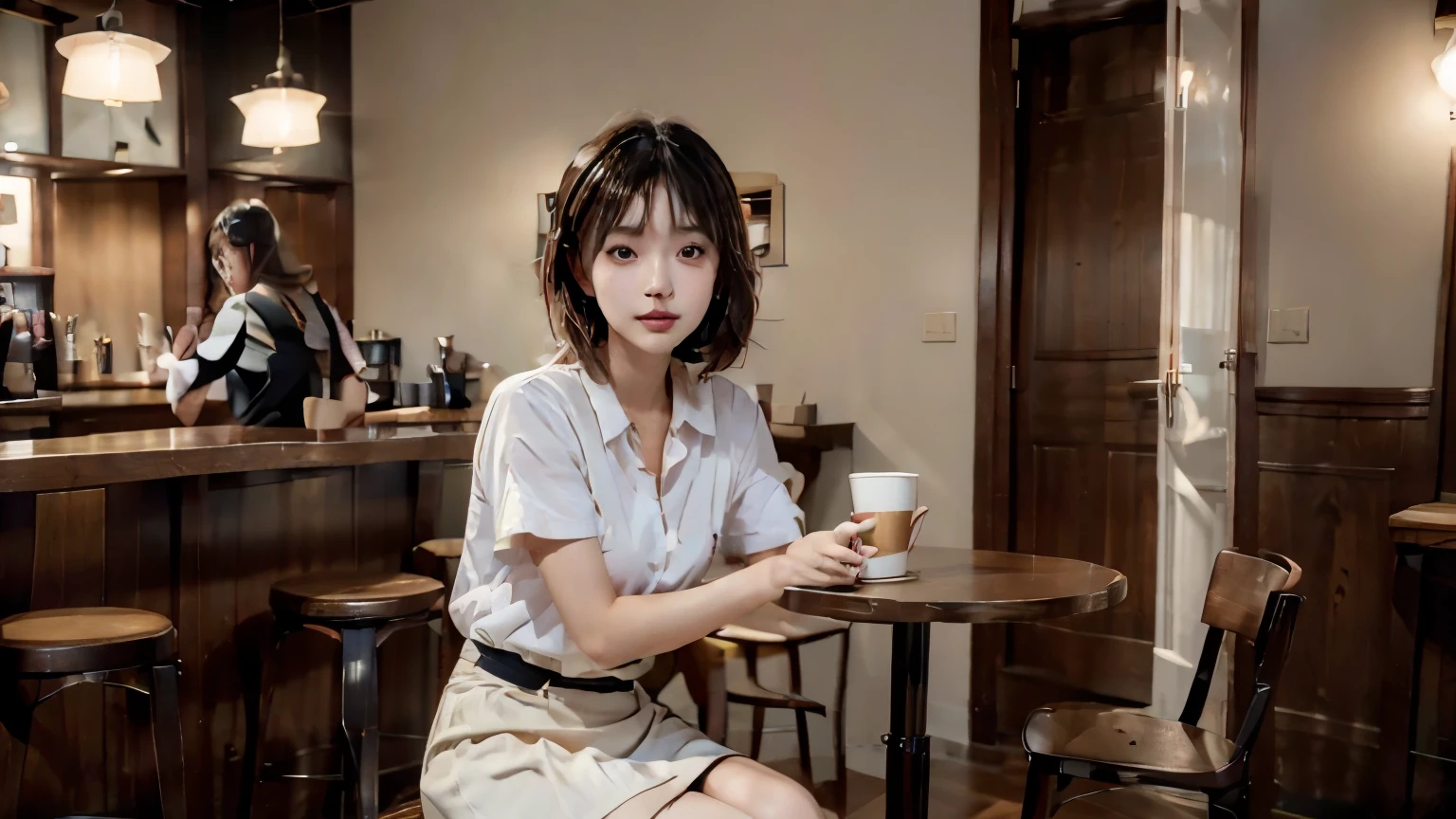 Image Description:
A young woman with short brown hair, wearing a white shirt, red skirt, and black boots.
She is seated at a table in an English cafe, sipping coffee and reading a magazine.
The cafe's interior features warm wooden furnishings, paintings on the walls, and neatly arranged tables and chairs.
A large floor-to-ceiling window offers views of the bustling street outside.
The cafe's bar is positioned on the left side of the image, with a barista standing behind it.
Image Style:
Realistic style
Bright lighting
Warm and inviting atmosphere
Image Size:
1024 x 768 pixels