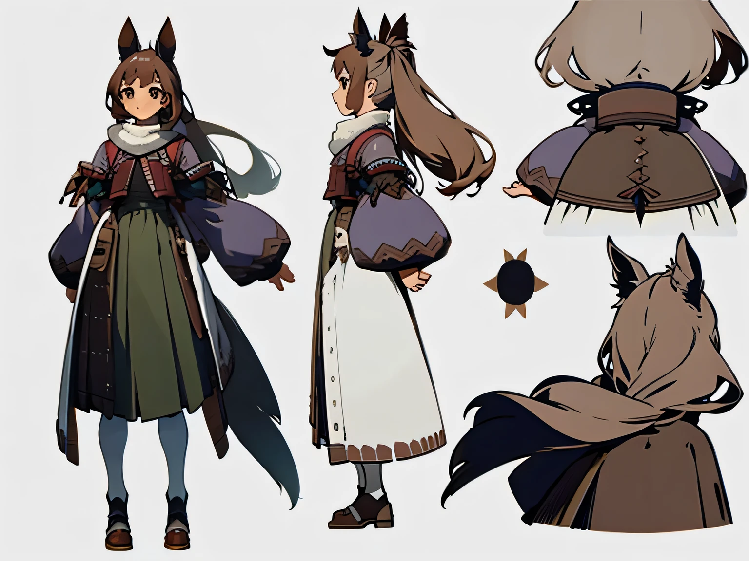 ((Character Design Sheet,Same role,front,side,Withdrawal))1 Girl, Solitary, Fresh beans, Horse girl, Horse Ears, Ponytail, Brown eyes, Brown hair, Long hair, A faint smile, Ear arch, Ruffle skirt, Green skirt, High waist skirt, Fluffy short sleeves, Thin, slim, (Japanese:0.8)