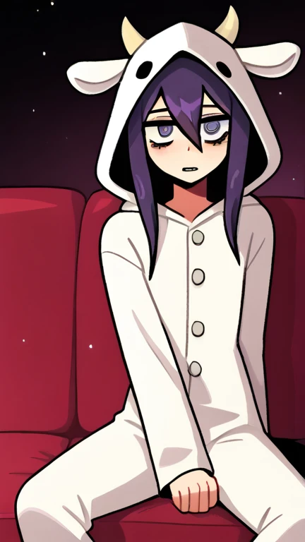 Best quality, super detailed illustration, warm colors, Ideal lighting, Perfect detail, boy, Femboy, dressed in snow-white pajamas with black spots with a hood in the shape of a cow, Long purple hair, bright eyes, Whole body, sitting in a cozy home on the sofa