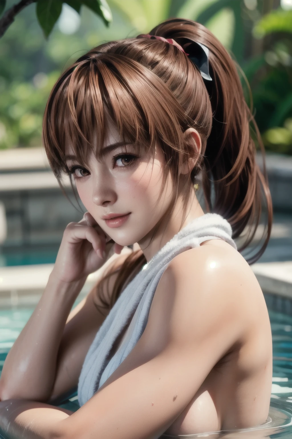 Full body shot of Kasumi, Young face, Brown Hair, ponytail, Cover yourself with a bath towel, Take a bath in the open-air bath, Wet and see-through bath towel, Vivitone, alone, Shyly lowered face, Red cheeks, Shy laugh, A pose with a slight twist of the upper body, Side lighting, Shallow and sharp depth of field,(Very detailed),Realistic, (masterpiece), (High resolution), (8k wallpaper)