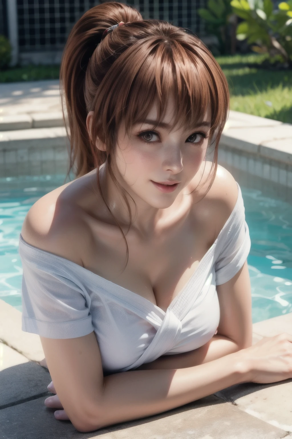 Full body shot of Kasumi, Young face, Brown Hair, ponytail, Cover yourself with a bath towel, Take a bath in the open-air bath, Wet and see-through bath towel, Vivitone, alone, Shyly lowered face, Red cheeks, Shy laugh, A pose with a slight twist of the upper body, Side lighting, Shallow and sharp depth of field,(Very detailed),Realistic, (masterpiece), (High resolution), (8k wallpaper)