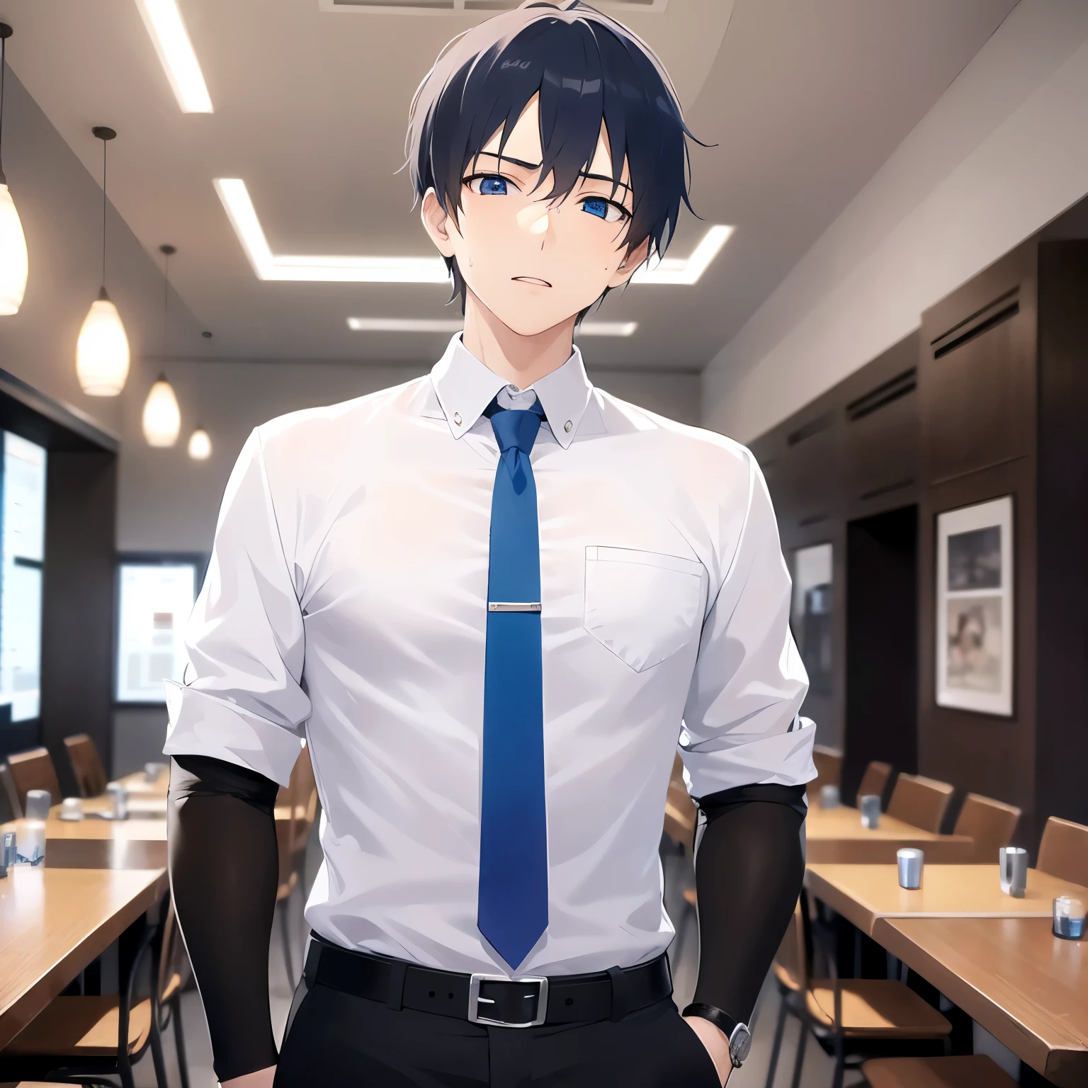 upper body、shiny skin, masterpiece、highest quality、(25-year-old male:1.5) and (Black short hair) and (blue eyes), (White collared shirt) and (Blue tie)、Are standing、(surprised, sweating:1.3)、The background is the interior of a restaurant at night.、(Alone:1.5)