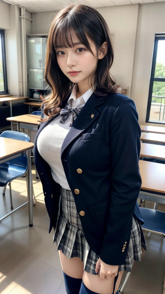 (Masterpiece, Masterpiece, 8k), One beautiful woman, Long blonde hair, blue eyes, A blue ribbon in her hair, High School Outfit, Black blazer, Checkered pleated skirt, Blue tie, Big Breasts, Thighs, Wearing high stockings, In the classroom, Serious expression, High resolution, Blur the background, Smile, Medium Bust