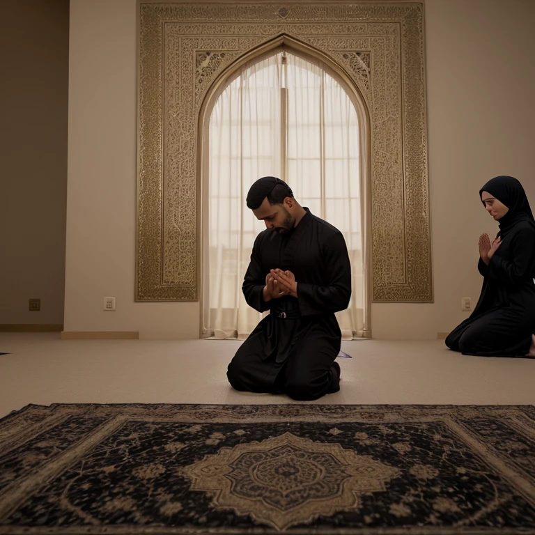 A picture of a Muslim man praying in a black caftan, and next to him is a Muslim wife praying in a beige robe