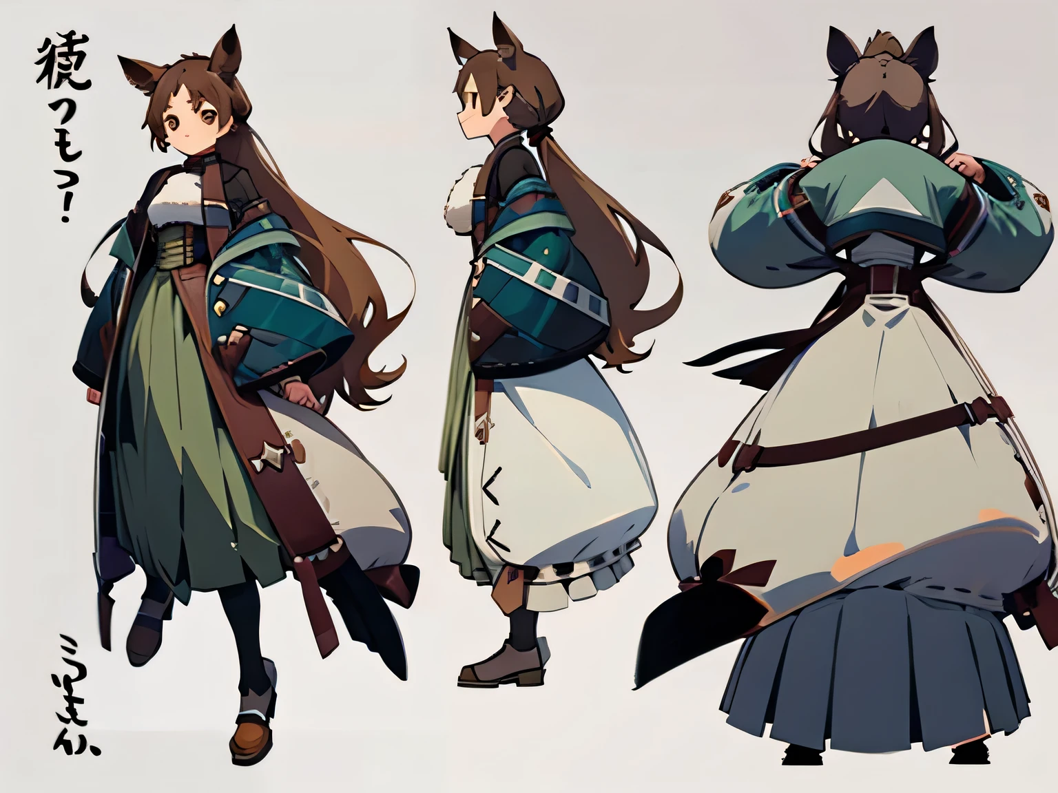 ((Character Design Sheet,Same role,front,side,Withdrawal))1 Girl, Solitary, Fresh beans, Horse girl, Horse Ears, Ponytail, Brown eyes, Brown hair, Long hair, A faint smile, Ear arch, Ruffle skirt, Green skirt, High waist skirt, Fluffy short sleeves, Thin, slim, (Japanese:0.8)