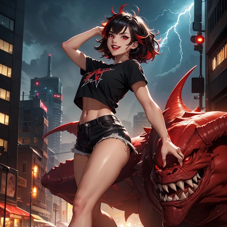 A girl alone, full body, (cut t-shirt), (short black shorts), barefoot, ((limbs mutated and turned into huge beast claws, form the beast's large jaws)), street, night, sky cloudy with ((lightning)), ((rays: 1.1)), buildings in the background, detailed scenery, Break (black hair, short messy hair with highlights, red highlights, hair color: 1.4), (Beautiful and detailed red eyes : 1.3), red lips, smile, (teeth: 1.2), (bright skin: 1.2), skin with organic anatomical shape, correct texture, Cinematic lighting, vivid colors, contour shading, movement lines, ray tracing, details intricate, masterpiece, High definition, 8K, best image quality, high resolution, 4K, HDR, ultra detailed, depth of field