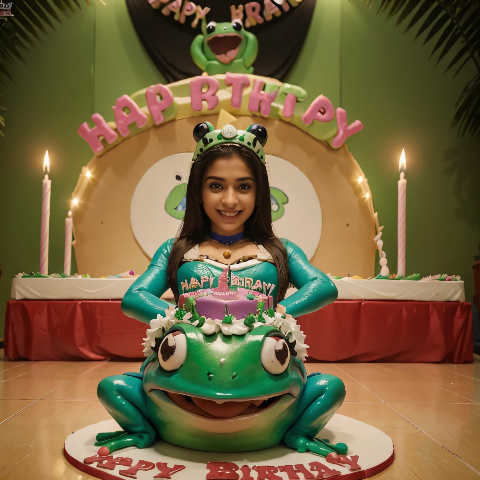 To many frogs holding happy birthday cake and coming towards us and saying happy birthday to you "Amna" 8k 3D