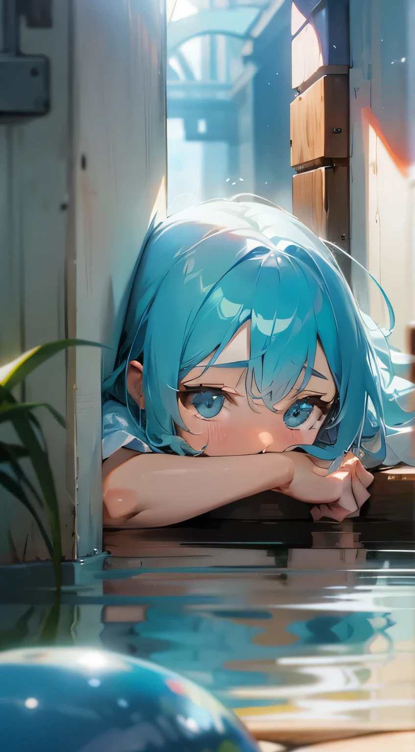 a girl with blue hair laying down on the ground with milk in front of her near a framed window with a picture of her flushed face behind her ass exposed with gooey goop dripping all over her body