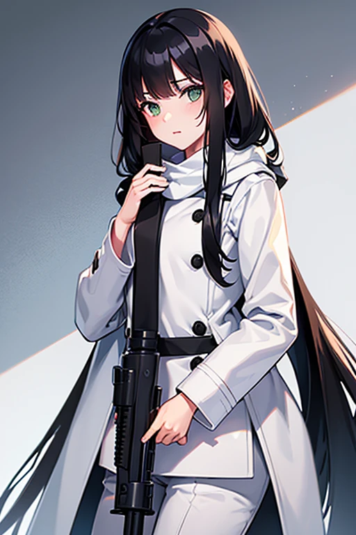 Girl, white, black hair, cute, flat chest, M36 green wool tunic, white open coat, grey trousers, black knee high boots, holding Kar98k rifle, snow background.