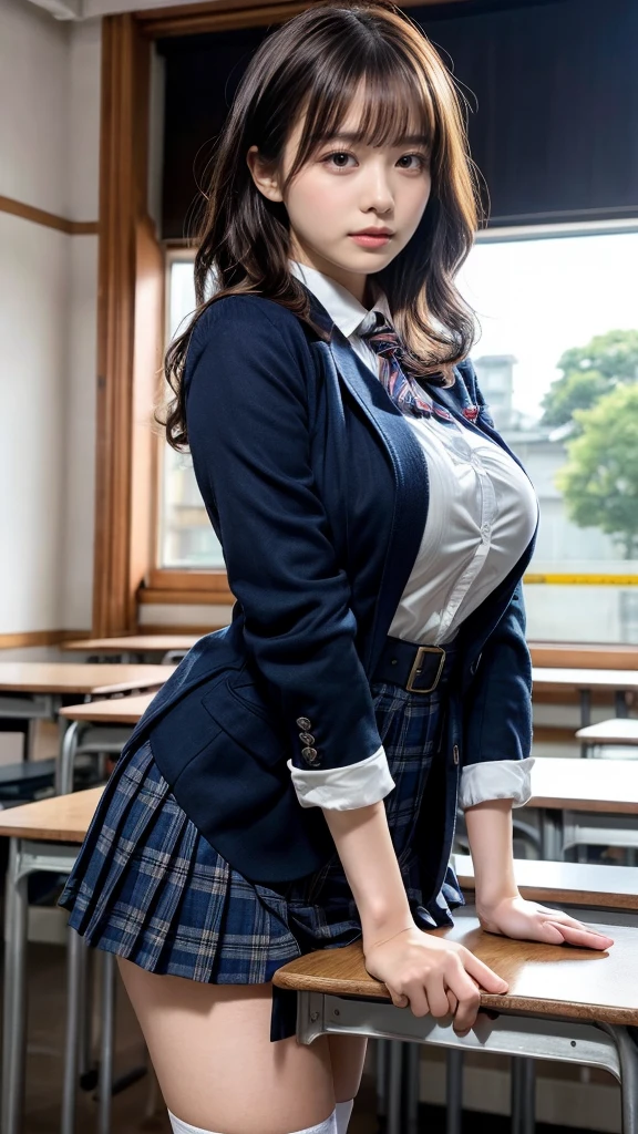 muste piece, best quality, illustration, Super detailed, fine details, High resolution, 8K,wall paper, perfect dynamic composition,(Details High quality, realistic depiction of eyes:1.3), from side, High School Classroom、High school girl uniform、blazer 、Super Short Check Uniform Skirt、Navy blue high socks、garterbelts、Colossal tits、Disturbed uniform,  short hair, (wavy hair:1.2), short bob hair, black hair color, large breasts, Big Natural Color Lip, bold sexy pose, (perfect body shape), crying a little、cold gaze, Harajuku style、20 year old girl、cute type, beautiful legs, hposing Gravure Idol, Voluptuous thighs