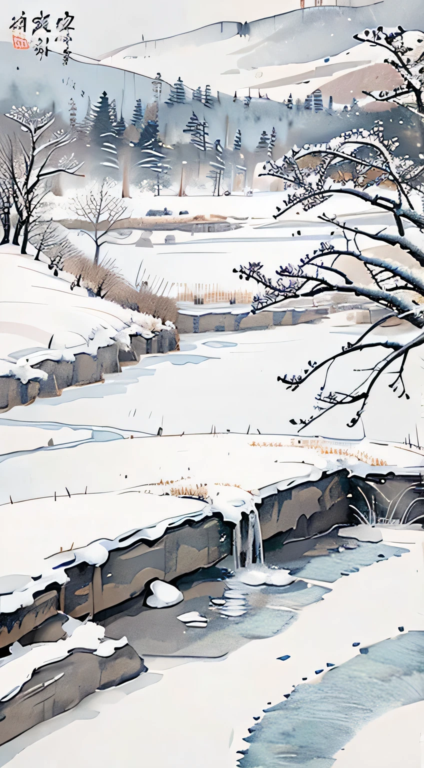 Falling snow，Snow，Ice，pond，Winter，Lidong poster，E-commerce poster，Chinese style，Ink Painting，Clear texture