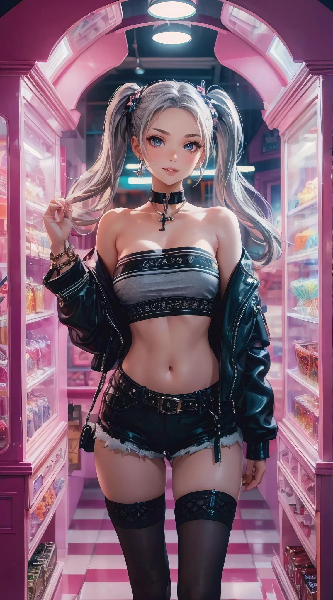 A stunningly realistic 3D illustration of a fashionable and sexy anime woman with spunky personality. She is wearing a designer tube top, leather jacket, and short shorts. Her busty and slender figure is accentuated by a choker with a cross pendant and a stylish bracelet. Her long silver hair is styled in twintails, adorned with cute hair ornaments, and frames her beautiful face. She stands confidently inside a vibrant candy store, amidst a blend of modern architecture and classic design. The overall ambiance is an exciting mix of fashion and fantasy, capturing the essence of urban life and anime aesthetics., fashion, anime, vibrant, architecture, illustration, 3d render