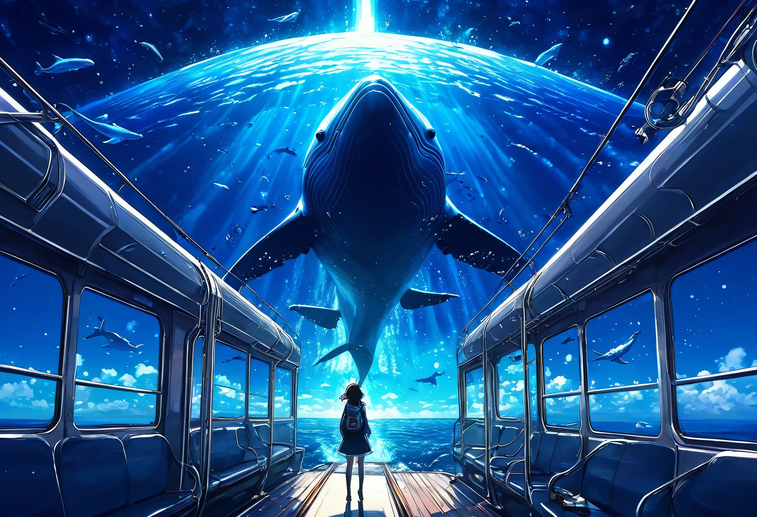anime girl watching a whale flying over a train crossing, flying whale, sky whales, space magical whale, flying whales, makoto shinkai cyril rolando, space whale, whale, galaxy whale, cyborg whale, by Yuumei, HD Anime Wallpaper, glimmering whale, Colorful anime movie background, Beautiful anime scene, whale fall, Ultra HD Anime Wallpaper