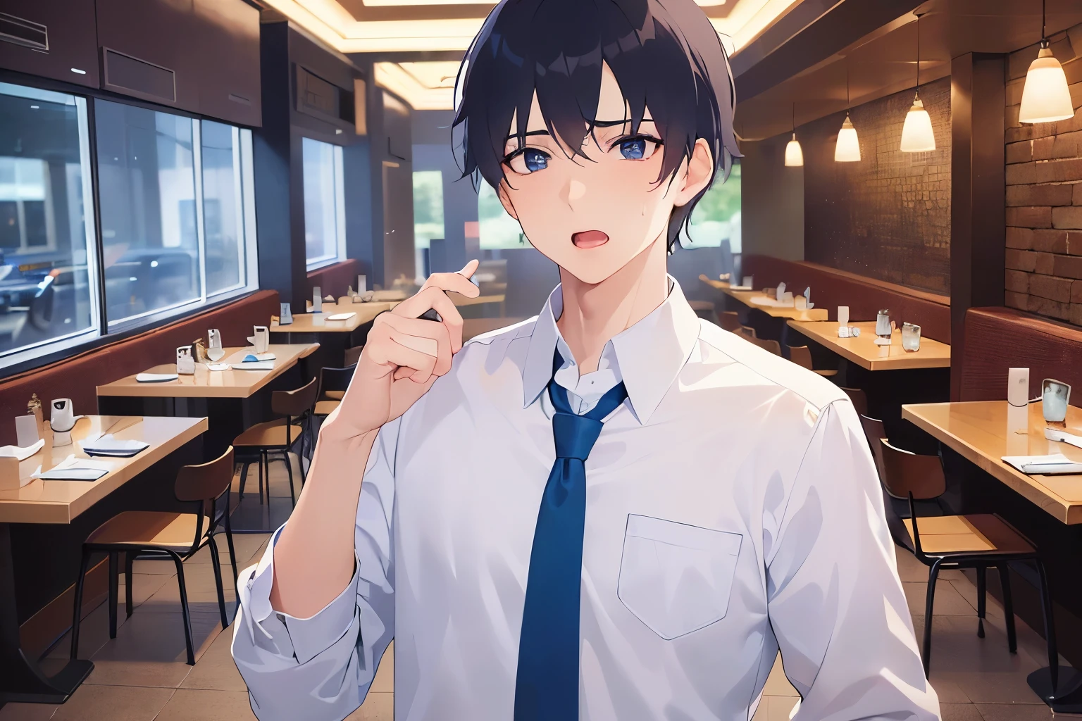 raising hand, Biologically correct five fingers、upper body、shiny skin, masterpiece、highest quality、(25-year-old male:1.5) and (Black short hair) and (blue eyes), (White collared shirt) and (Blue tie)、Are standing、(surprised, sweating:1.3)、open mouth, The background is the interior of a restaurant at night.、(Alone:1.5)