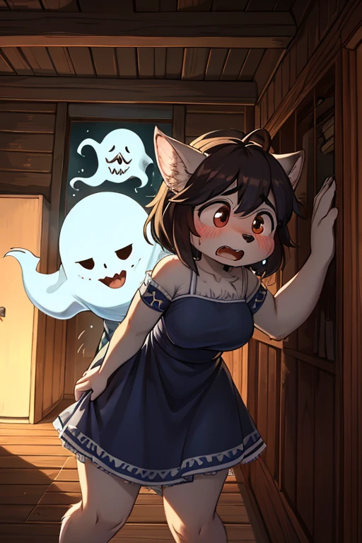 Hairy wolf mom , round face , moist round eyes , Swollen cheeks , scream , glossy lips , casual summer dress , in the Haunted house , (cray in fear) , (surprise traditional ghost from behind:1.2) , escape