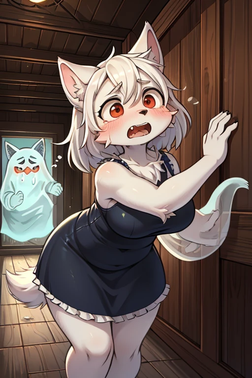 Hairy wolf mom , round face , moist round eyes , Swollen cheeks , scream , glossy lips , casual summer dress , in the Haunted house , (cray in fear) , (surprise traditional ghost from behind:1.2) , escape