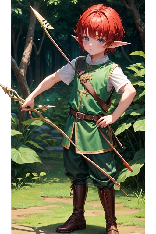 5 year old elf boy with short red hair, peinado desorenado corto con un fleco, pointed elf ears medieval archer clothing blue eyes green color holding a brown bow with a jade-tipped arrow brown shoes brown leather belt jade ornaments in forest background with magical symbols