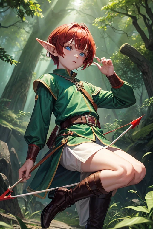 5 elf boy with short red hair, peinado desorenado corto con un fleco, pointed elf ears medieval archer clothing blue eyes green color holding a brown bow with a jade-tipped arrow brown shoes brown leather belt jade ornaments in forest background with magical symbols