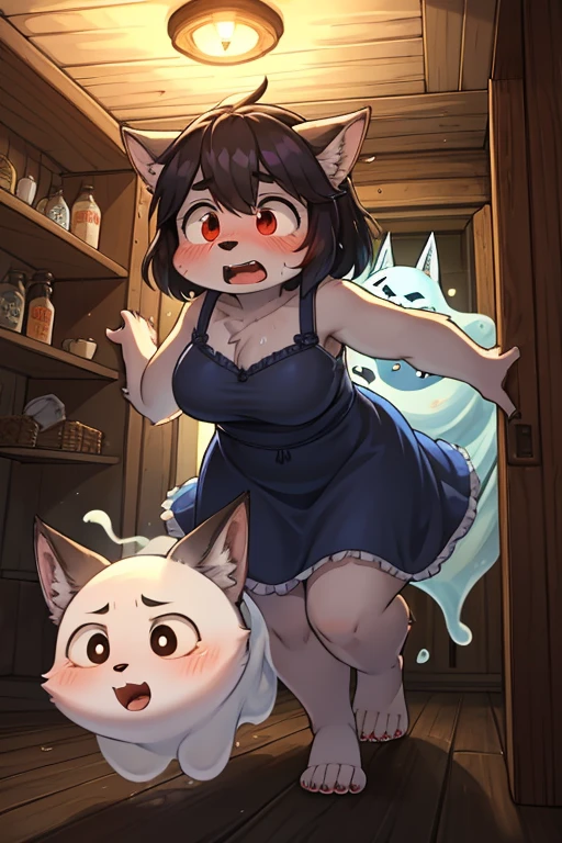 Hairy wolf mom , round face , moist round eyes , Swollen cheeks , scream , glossy lips , casual summer dress , in the Haunted house , (Peeing in fear) , (attack from behind traditional ghost:1.2) , escape , grabbed flashlight