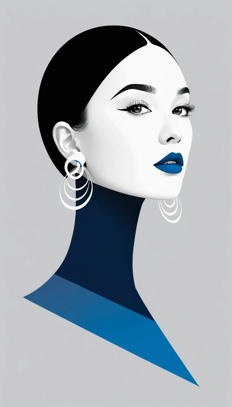 (((vector，flat form style，illustration，digital art illustration)))，1 girl，Unique，pretty face，earrings，fullbody，Shoulder，Black high neck，Geometric gradients，gradient lines，artistic conception，Abstract，Minimalism，minimalist lines，Portrait drawing，Gray and blue and white porcelain，Rhythmic lines，minimalist Journey，