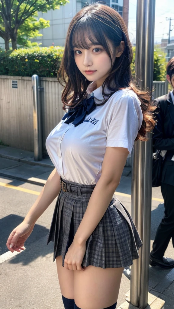 muste piece, best quality, illustration, Super detailed, fine details, High resolution, 8K,wall paper, perfect dynamic composition,(Details High quality, realistic depiction of eyes:1.3), from side, High School Classroom、High school girl uniform、blazer 、Super Short Check Uniform Skirt、Navy blue high socks、garterbelts、Colossal tits、Disturbed uniform,  short hair, (wavy hair:1.2), short bob hair, black hair color, large breasts, Big Natural Color Lip, bold sexy pose, (perfect body shape), crying a little、cold gaze, Harajuku style、20 year old girl、cute type, beautiful legs, hposing Gravure Idol, Voluptuous thighs