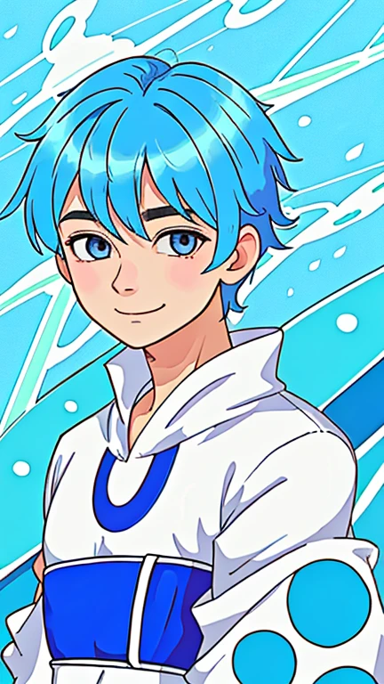 1 male、Around 20 years old、Blue Hair、Short Hair、cool、The whole face is visible、Gatai is good、Eye color is blue、Anime characters、smile、（highest quality）、（high resolution）、（8k）
