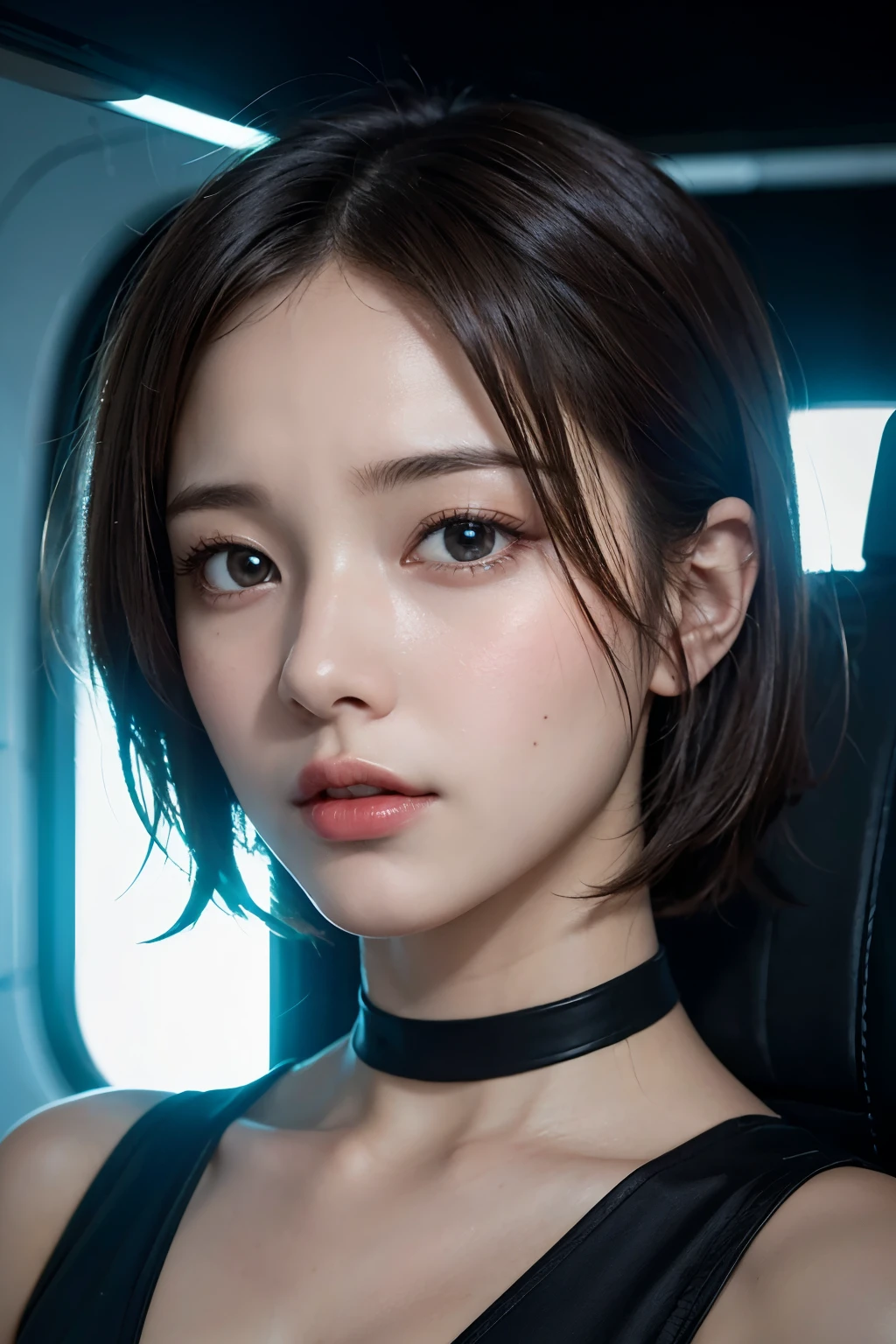 Ultra-high resolution、(Real:1.4)、One beautiful woman、Beautifully detailed eyes and skin、Light brown short hair、Space Station、Simple spaceship、Bright interior、Remains、Cloudy、Sci-Fi Taste、Movie quality、dramatic、Dramatic composition、