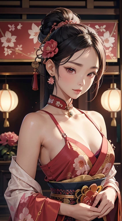 (Focus on upper body and face) Portrait of an overwhelmingly stunning and beautiful Asian woman, elegantly clad in traditional peach clothing. The intricate attire is adorned with magenta flower prints of peonies, outlined with precision and grace. Several flowing fabric panels, decorated with intricate red sakura patterns, gently cascade down her body. In one hand, she holds a delicately crafted lantern, its glow adding a warm, inviting light to her features. Her traditional Asian hair is accessorized with intricately designed jewelry, adding to her allure and regal presence. Her fit physique, sporty butt, and small breasts only further emphasize