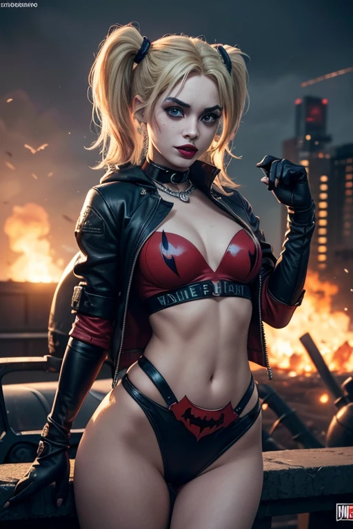 Harley Quinn injustice version 2, mujer sexy,iconic dc comics costume, small and very sexy clothes, joven, cuerpo muy delgado, super skynny body, small and beautiful buttocks, abdomen tonificado, puedo ver sus senos grandes y perfectos, escote, guantes, pose sexy, malevolent, obscena, poderosa, super sensual, She is standing on the Batmobile that is on fire, Dramatic background, en el fondo eata Arkham Asylum en llamas, apocalyptic atmosphere, joker, mirada sensual, ojos azules y hermosos, classic two pigtails hairstyle,Hair dyed in bright blonde color, Best quality,4K,8K,A high resolution,Masterpiece,Ultra detailed,Realistic, Photorealistic,photo realistic