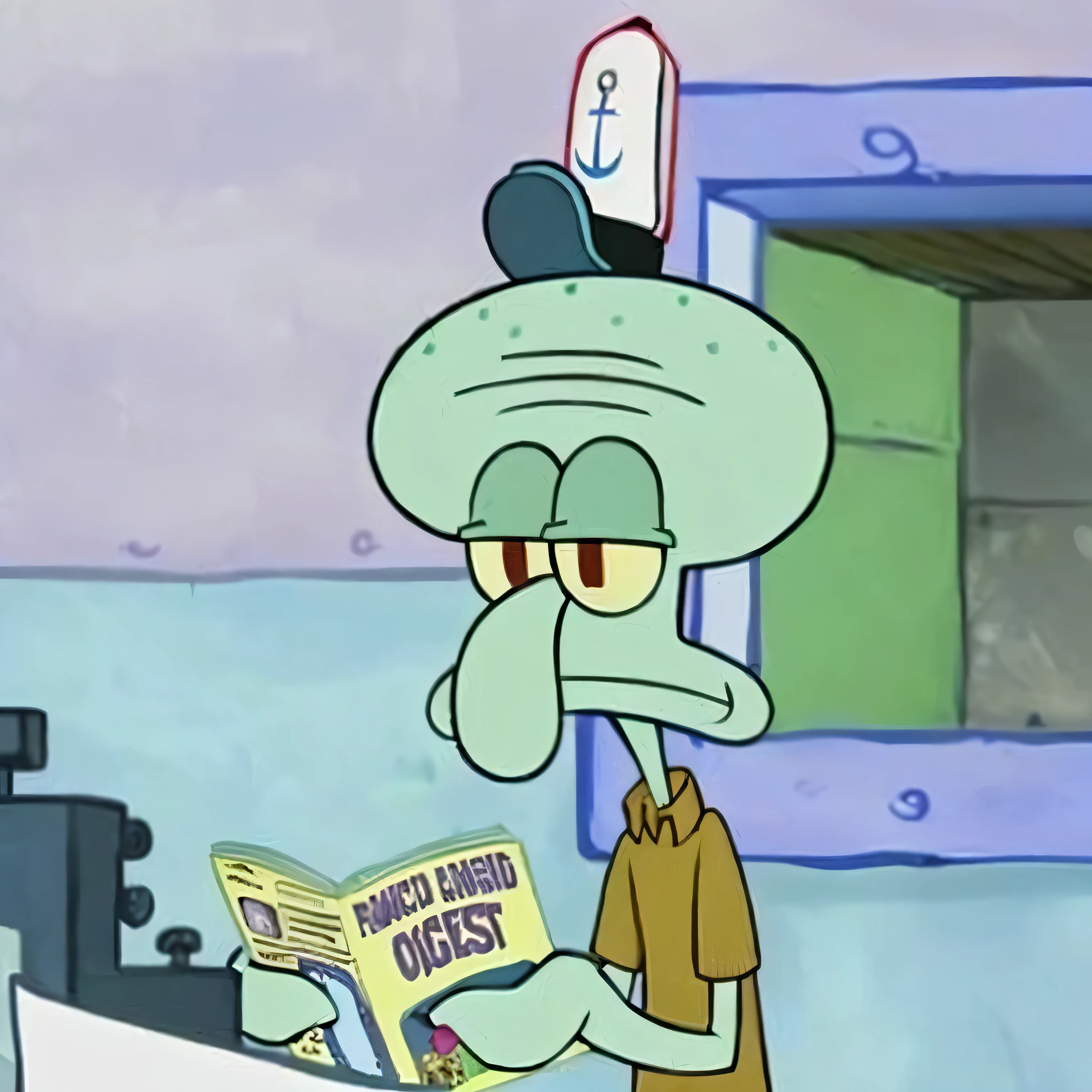 Close-up：Cartoon character is reading, handsome Squid Ward, handsome Squid Ward as male, Squid Ward, Squid Ward taking an acid trip, handsome Squid Ward portrait, Early Kule, I slept fitfully last night., Greg ], Squid-like alien, read newspaper, bad looking, Patrick, Squid Ward as a dark souls boss, SpongeBob