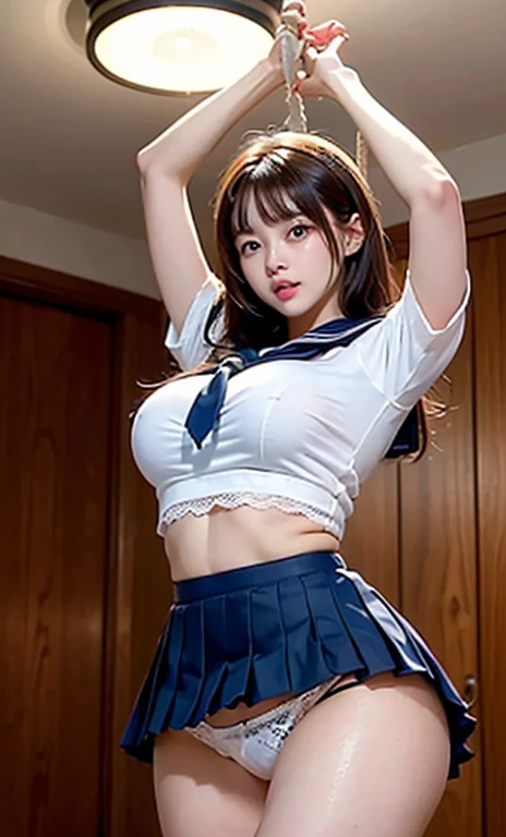 highest quality、17 years old、high school girl 、very cute、((Large Breasts))、((Cute Woman))、((Showing the viewer a pair of tiny white lace panties))、very cute、(Ecstasy face)、Long brown hair with bangs、Long legs、 Perfect balance、Slim woman、(Increase the resolution)、(8k)、(Very detailed)、(Beautiful big eyes)、Droopy eyes、(highest quality)、(Very detailed)、(masterpiece)、(wallpaper)、(Detailed face)、((white short sleeve sailor uniform:1.5))、Her white sailor uniform was rolled up.、(The underboob is visible)、(Navy Pleated Mini Skirt:1.5)、(Very short navy pleated mini skirt:1.5)、((Perfect Anatomy))、Perfect limbs、Perfect Fingers、((very slim thin thighs))、(very slim slender legs)、((White short socks))、((White lace panties exposed:1.5))、(((torture)))、Handcuffed、bondage、(((With both arms tied with rope))、(((Raise your arms straight up)))、(((Suspended from the ceiling)))、((bondage))、(Angle from below)、((Her white panties are visible))、In a hotel room