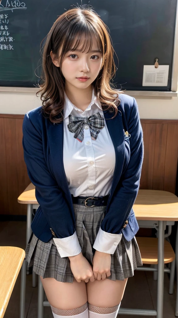 muste piece, best quality, illustration, Super detailed, fine details, High resolution, 8K,wall paper, perfect dynamic composition,(Details High quality, realistic depiction of eyes:1.3), from side, High School Classroom、High school girl uniform、blazer 、Super Short Check Uniform Skirt、Navy blue high socks、garterbelts、Colossal tits、Disturbed uniform, short hair, (wavy hair:1.2), short bob hair, black hair color, large breasts, Big Natural Color Lip, bold sexy pose, (perfect body shape), crying a little、cold gaze, Harajuku style、20 year old girl、cute type, beautiful legs, hposing Gravure Idol, Voluptuous thighs