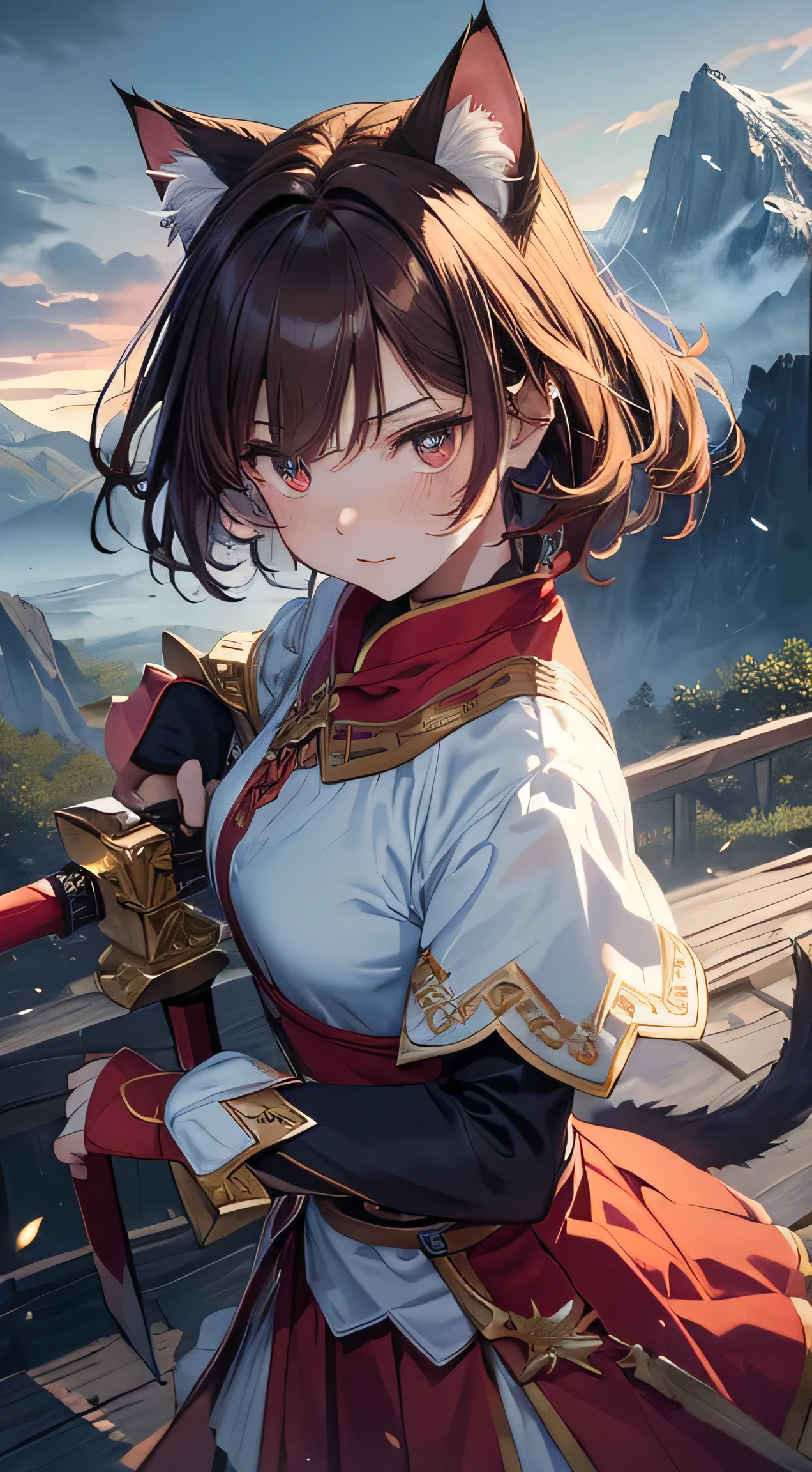 girl with beautiful details, clear and beautiful, glowing skin, girls, not, young, 20 years, short hair, Short hair, beautiful details glass hair, ((swinging a big sword, battle stance)) ((bright red greek costume)) beautiful details, cold face, cold expression, beautiful and delicate eyes, Middle breasts, brown eyes, Authentic skin texture, Very nice 8KCG wallpaper, Very nice 8K CG wallpaper, Watercolor (middle), female warrior, (((cat ears))), swinging a sword, attack stance, levitation, (((dark, dark Night, midnight))) (((nature background, mountain, wood))), ((outdoors)), upper body cut, Costume colors are colorful and saturated..,