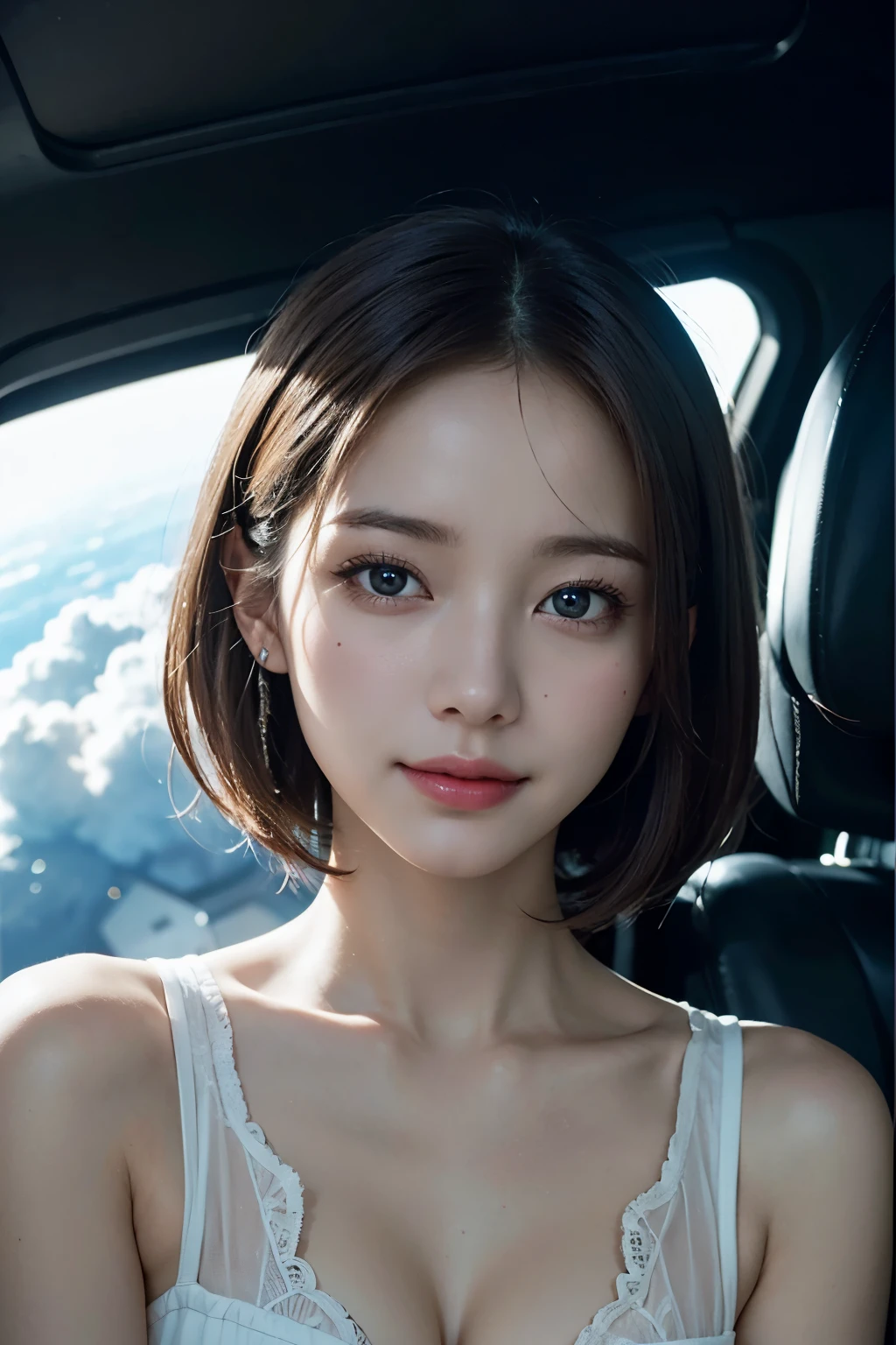 Ultra-high resolution、(Real:1.4)、One beautiful woman、Beautifully detailed eyes and skin、A Little Smile、Light brown short hair、Space Station、Bright interior、Cloudy、Sci-Fi Taste、Movie quality、dramatic、Dramatic composition、