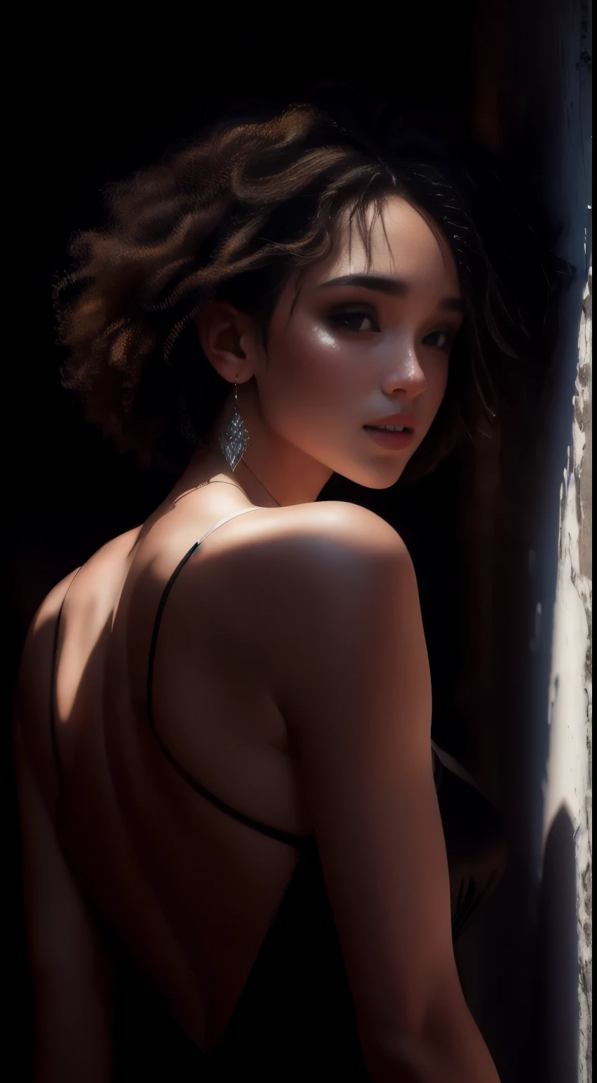 Masterpiece, high quality, solo focus, young woman, bright eyes, lustrous skin, short curly white hair, highly detailed eyes, perfect face, wearing a white and black dress, in an elegant model pose, full body, back to the viewer, by Lee Jeffries Nikon D850 film stock photography 4 kodak portra 400 camera f1.6 lens rich colors hyper realistic texture dramatic lighting unreal engine trend on artstation cinestill 800